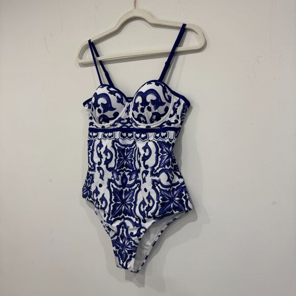 NEW Porcelain Pattern One-Piece Swimsuit and Cover Up Skirt, Size M - Picture 8 of 17